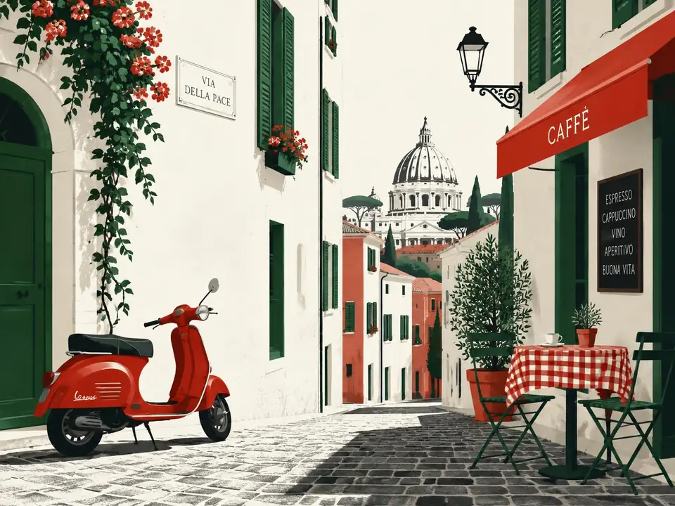 Illustrated Roman street with a red scooter and café